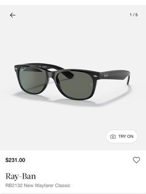 Ray-Ban Black Wayfarer Sunglasses with Dark Green Lenses 
Size is 52-18 (small)